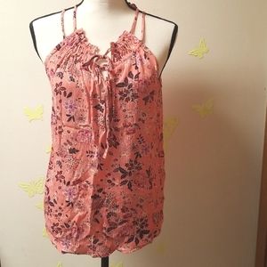 Loft Coral Pink Boho floral Gauzy Tie Front High Low Summer Top New XS
